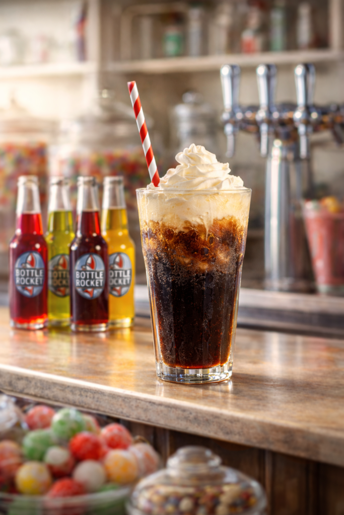 Classic root beer float and craft sodas at Bottle Rocket Roswell