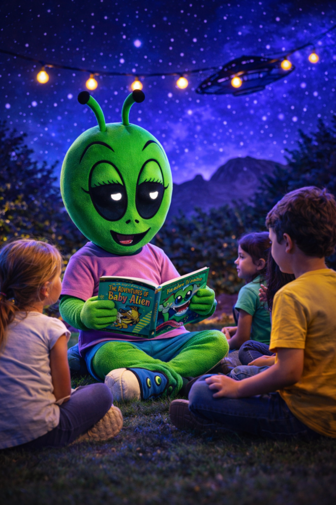 Children meeting Baby Alien mascot at Bottle Rocket Roswell